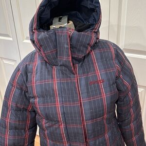 Bergans of Norway dyna navy plaid puffer 650 down full zip hooded jacket